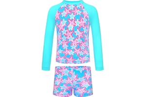 TENVDA Girls Rash Guard Swimsuit Long Sleeve Bathing Suits with Shorts for 3-12 Years Old Kids