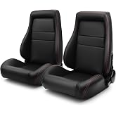 ModifyStreet OBS Styles Universal 1 Pair Classic Plain Black with Red Stitching PVC Leather Racing Seats, Reclinable Seats with Sliders, 2PCS Set for Driver and Passenger Side