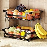 GILLAS 2 Tier Countertop Fruit Basket with 2 Banana Hangers for Kitchen, Detachable Metal Organizer for Bread Vegetable Fruits with Wooden Handle, Large Capacity Rectangular Storage Stand Bowls, Black