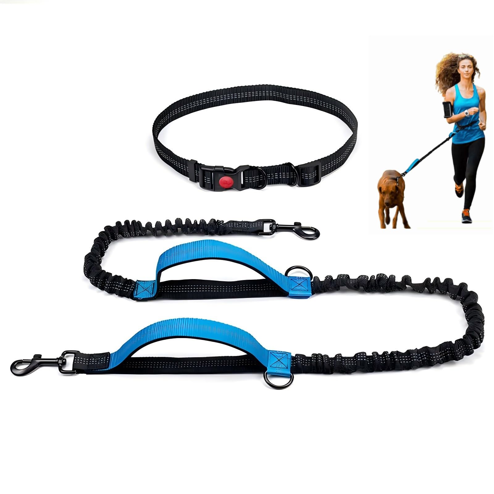 Hurluksi Hand Free Dog Lead, Bungee Dog Leash Heavy Duty Puppy Waist Belt for Medium & Large Pets, Adjustable Running Lead with Dual Padded Handle (Blue)