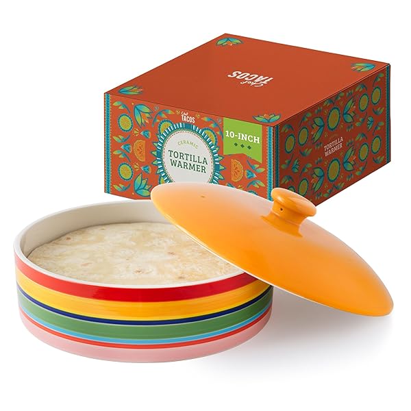 CHEF TACOS CERAMIC TORTILLA WARMER WITH LID, COLORFUL...