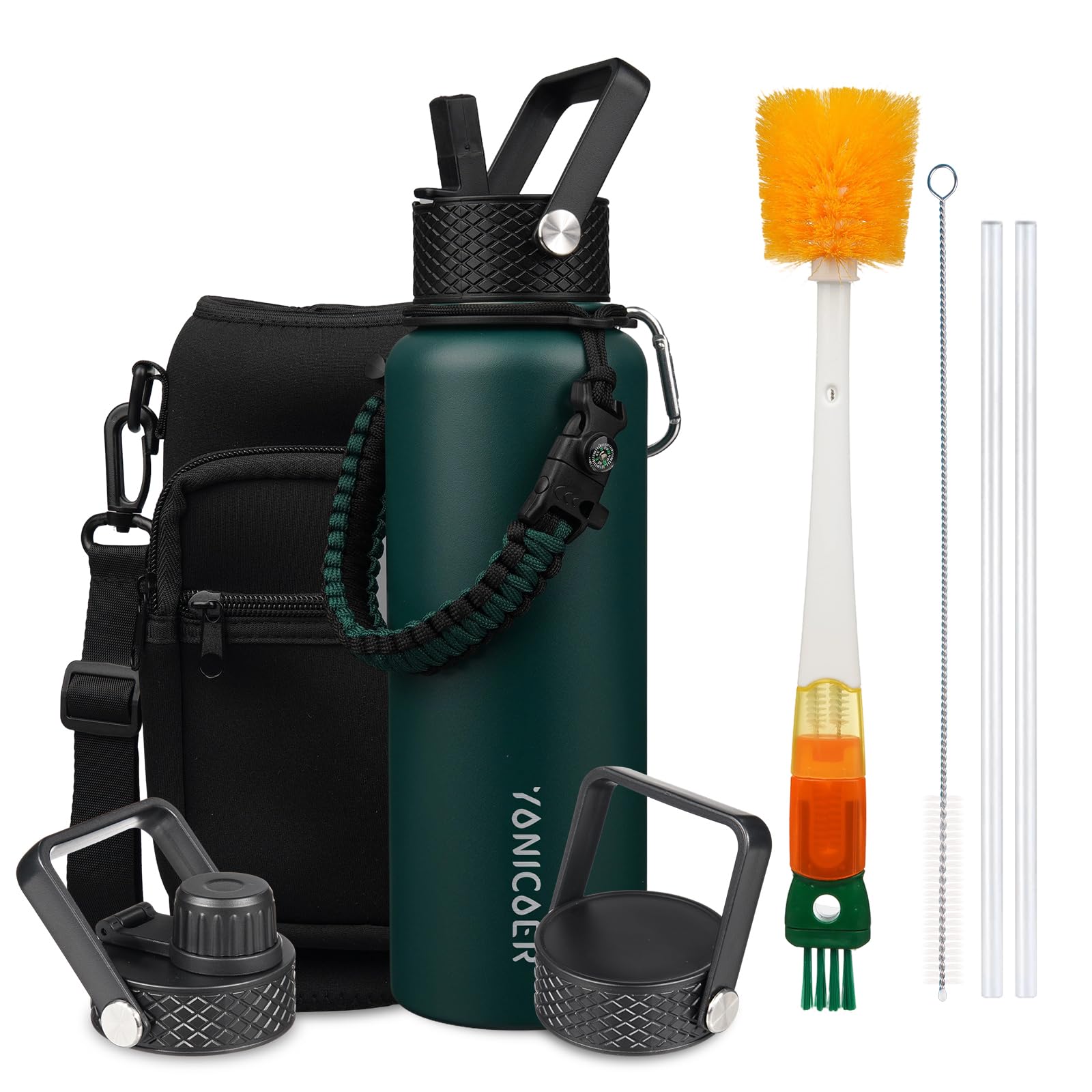 Photo 1 of YONICOER Insulated Water Bottle 40oz,Triple Wall Vacuum Stainless Steel(Dishwasher Safe),Leak Proof & Non-BPA,Flask Jug with Paracord Handle & Straw Spout Lids Sports Green