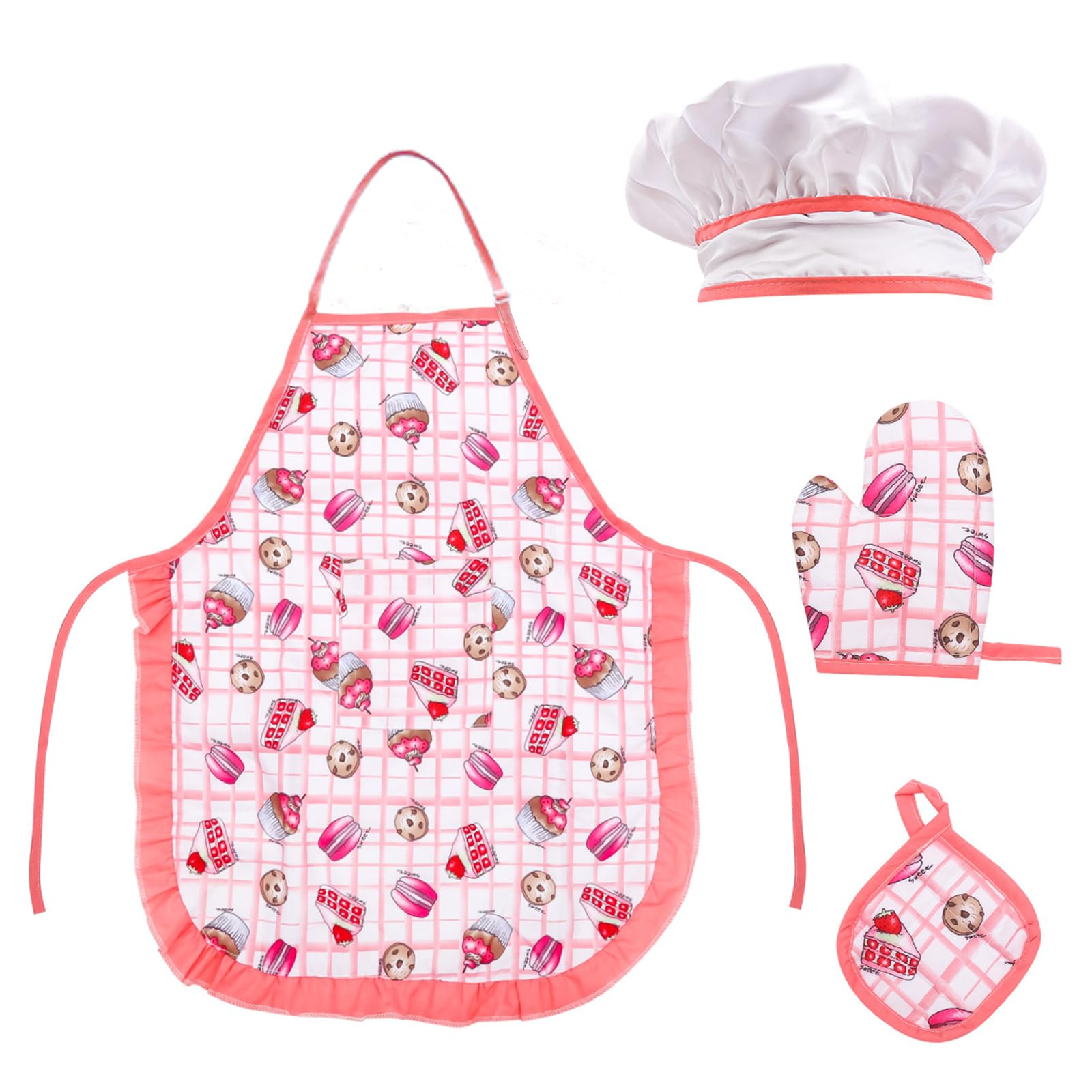 YiYFiT Kids Baking Set,Childrens Cake Chef Hat Apron Set Kitchen Role Play Chef Set Cooking Baking Set with Toddler Apron,Chef Hat,Cooking Mitt and Heat Resistant Pad for Girls Dress Up Ages 3+