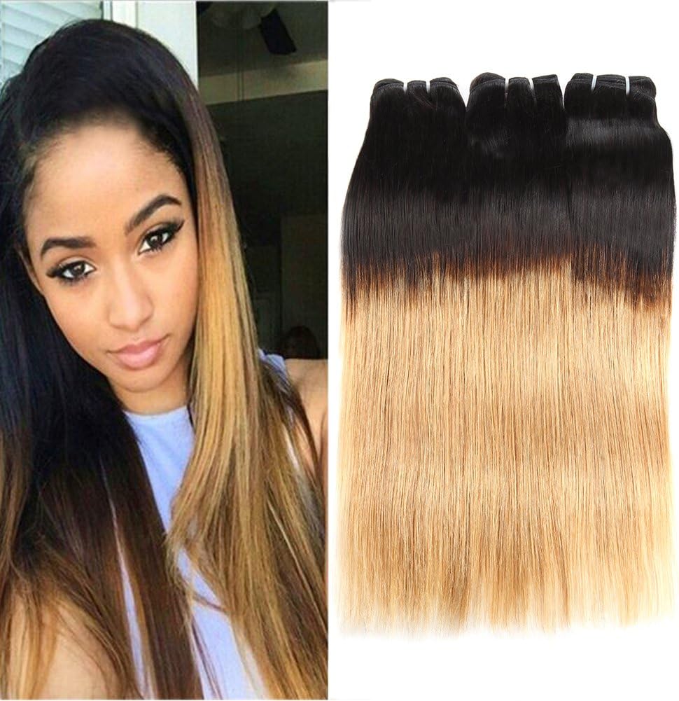 Huarisi Blonde Straight Hair Ombre Brazilian Human Hair Weaves 1b/27 100% Unprocessed Virgin Hair Extensions 3 Bundles Two Tone Ombre Honey Blonde 16 18 20 Inches for Women
