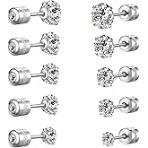 Titanium Surgical Steel Cubic Zirconia Screw Back Stud Earrings for Women Men Multipack Small Dainty Simulated Diamond CZ Studs Earring Set Hypoallergenic for Sensitive Ears Lobe Cartilage Helix