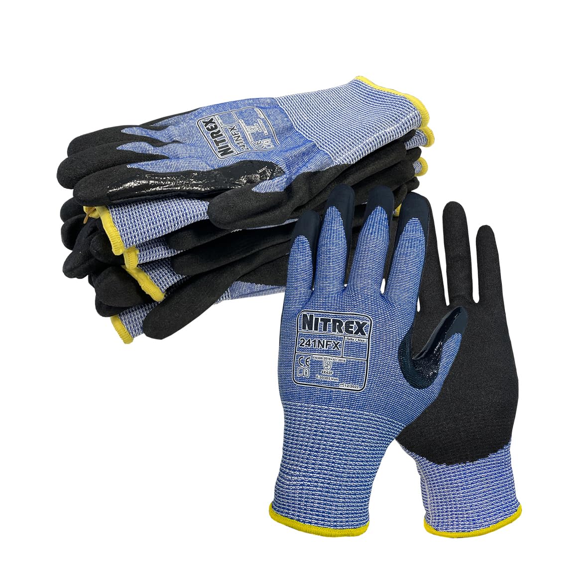 NITREX Unigloves 10 Pairs - General Handling High Level Cut Resistant Gloves with Sandy Nitrile Palm Coating, Featuring NitreGuard Technology and NitreGrip Technology in Black/Blue