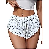 MAKEMECHIC Women's Pajama Bottoms Floral Print Plaid Tie Front PJ Shorts Slit Hem Cherry Summer Lounge Shorts