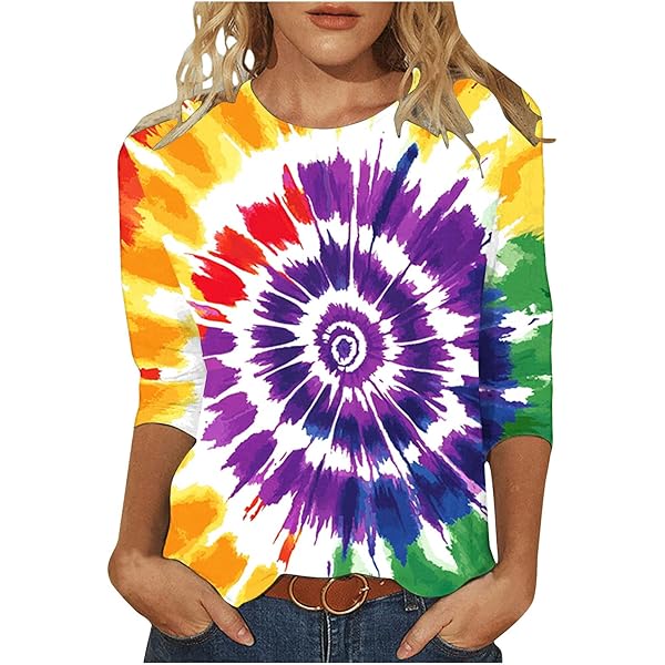 Tie Dye Shirts Womens Tops 3/4 Length Sleeve Blouses Casual