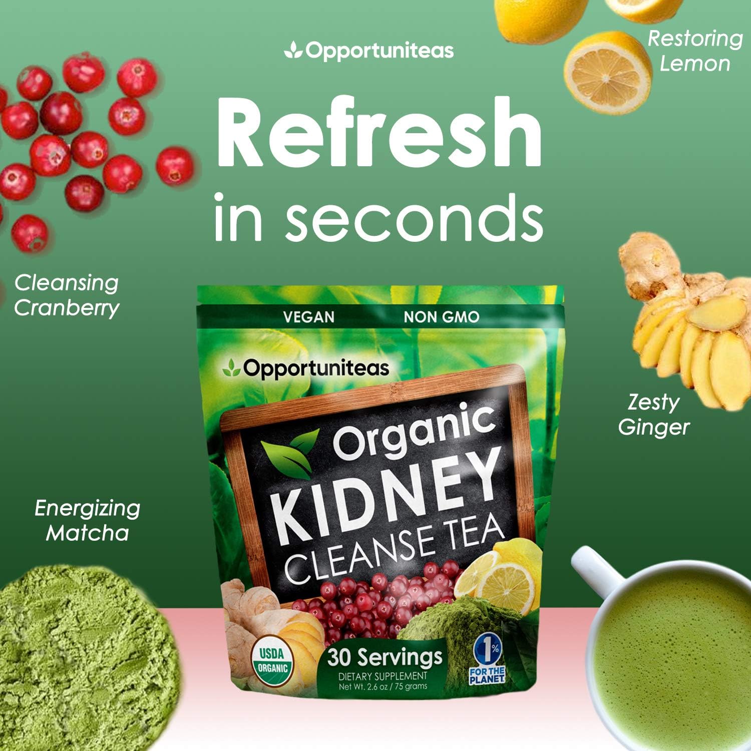 Organic Kidney Cleanse Tea - Matcha Green Tea, Cranberry, Lemon & Ginger - 4 Cleansing Superfoods For Drink, Shake, or Smoothie - Natural Detox Health Supplement Powder - Vegan & Non GMO - 30 Servings: Health & Personal Care