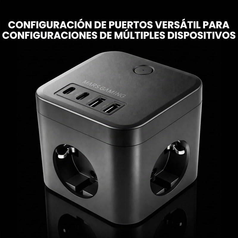 MD-CUBE35, Powercube Multifunção Compacto, 3 Soquetes SCHUKO + 2 USB-C + 2 USB-A, Carregamento Rápido PD 35W, Tecnologia GAN, Cabo 1,8m, Botão ON/Desliga e Indicador LED, 9 Proteções, Preto