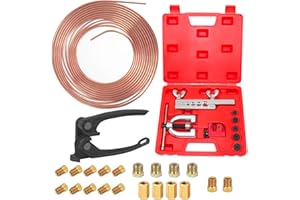 ANSIKE 3/16 Copper Coated Flexible Tube Roll - 25 ft + Brake Line Flaring Tool Kit - Single & Double Flare Tool Kit + Tube Bender with 16 Fittings & 4 Unions