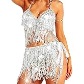 BODIY Sequin Fringe Skirt Top Sparkly Belly Dance Outfits for Women