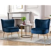 Janoray Velvet Accent Chair Set of 2 Comfy Living Room Chair Armless Slipper Chair Mid Century Side Single Sofa Chair with Golden Legs Wingback for Bedroom Guest Room, Blue