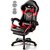 Small Gaming Chair, Home Office Desk Seat with Lumbar Support &amp; Footrest | Ergonomic &middot; 3D side wings &middot; 90&deg;-135&deg; Recline &middot; 8in adjustable height &middot; Linkage armrests &middot; Memory foam &middot; Red/Black leather