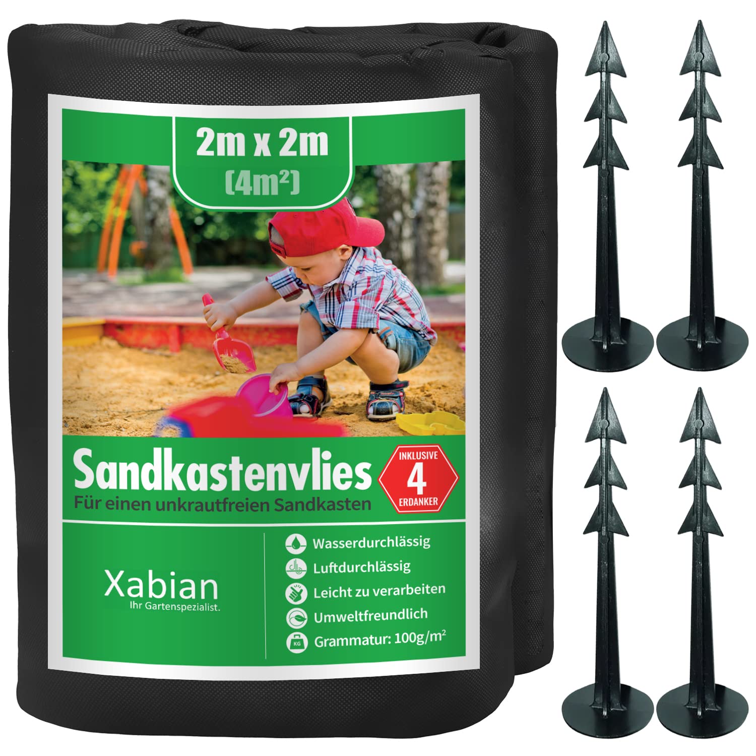 Xabian Sandpit Fleece 2 x 2 m Black 80 g/m² Including 4 Ground Anchors I Weed Control Fabric for Sandpit as Substrate I Ideal as Sandpit Film and Underlay Against Weeds and Mixing with the Substrate