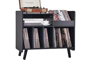 UODERS Record Player Stand, Large Record Player Table Cabinet with Open Vinyl Storage and Display Shelf Holds up to 350 Albums, Mid Century Wood Turntable for Living Room, Bedroom (Black)