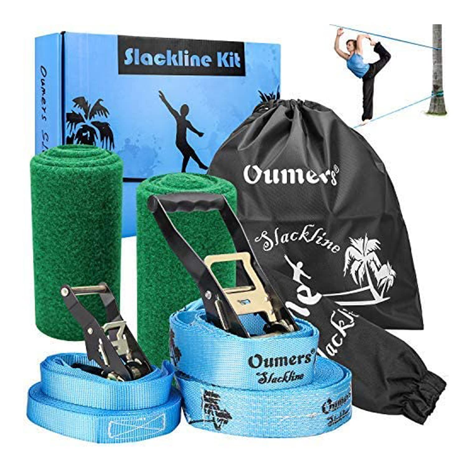 Oumers Beginner Slackline Kit, 50ft Main Line, Training Line, Tree Protectors, Ratchet Covers, Carry Bag, Ideal for Kids & Adults