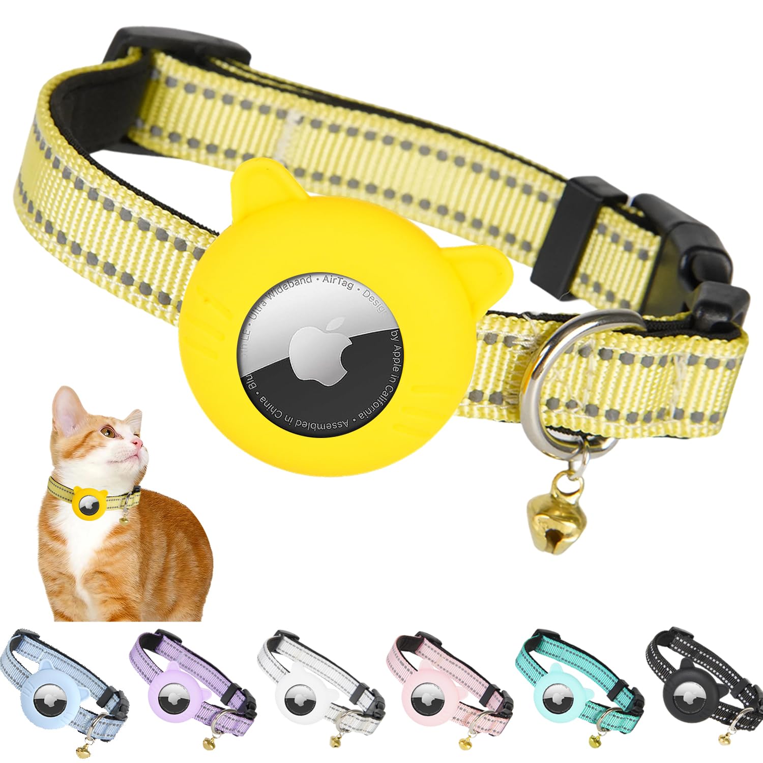 Photo 1 of BXPAW Airtag Cat Collar,Reflective Cat Tracker Collar with Air Tag Holder and Safety Elastic Band,Breakaway GPS Collars for Girl Boy Cats,Kittens and Puppies (Yellow, Extra Small)