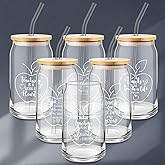 Inbagi 6 Pcs Teacher Appreciation Glass Cups 16 oz Clear Glass Coffee Cups with Lids Straw Thank You Tumblers for Women Men Teacher Drinking Glasses