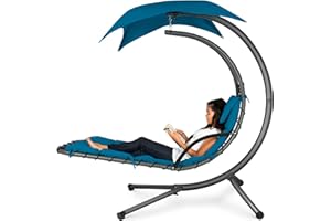 Best Choice Products Outdoor Hanging Curved Steel Chaise Lounge Chair Swing w/Built-in Pillow and Removable Canopy - Peacock Blue