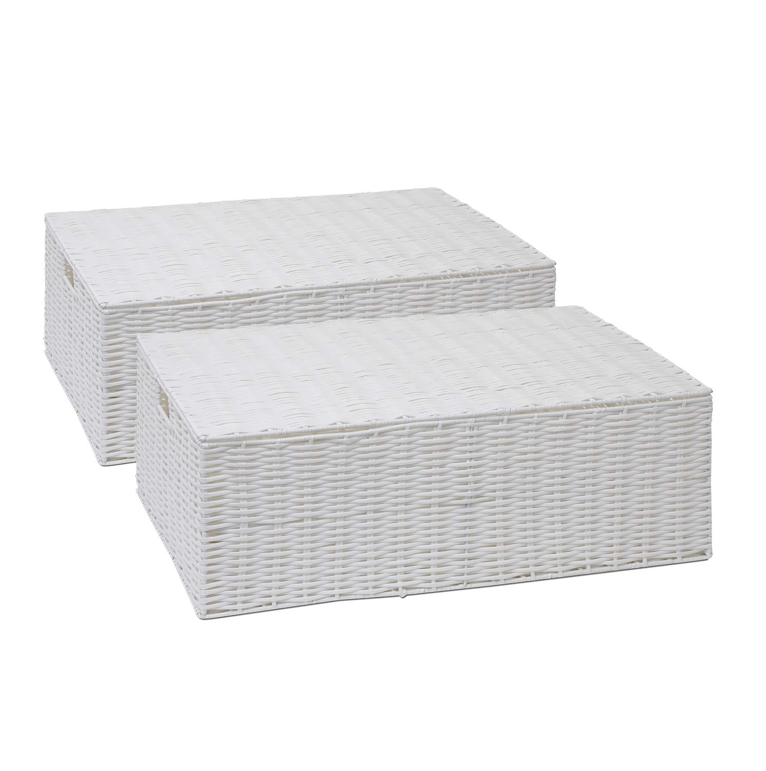 ARPAN Resin Woven Under Bed Storage Box, Chest Shelf Toy Clothes Basket With Lid - White (Set of 2 - Medium Baskets)