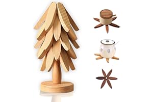 Lakshi Natural Wood Tree Trivet Set，5Pcs Wooden Trivets & 1 Stand, Christmas Tree-Shaped Hot Holders for Pans, Bowls, Teapots