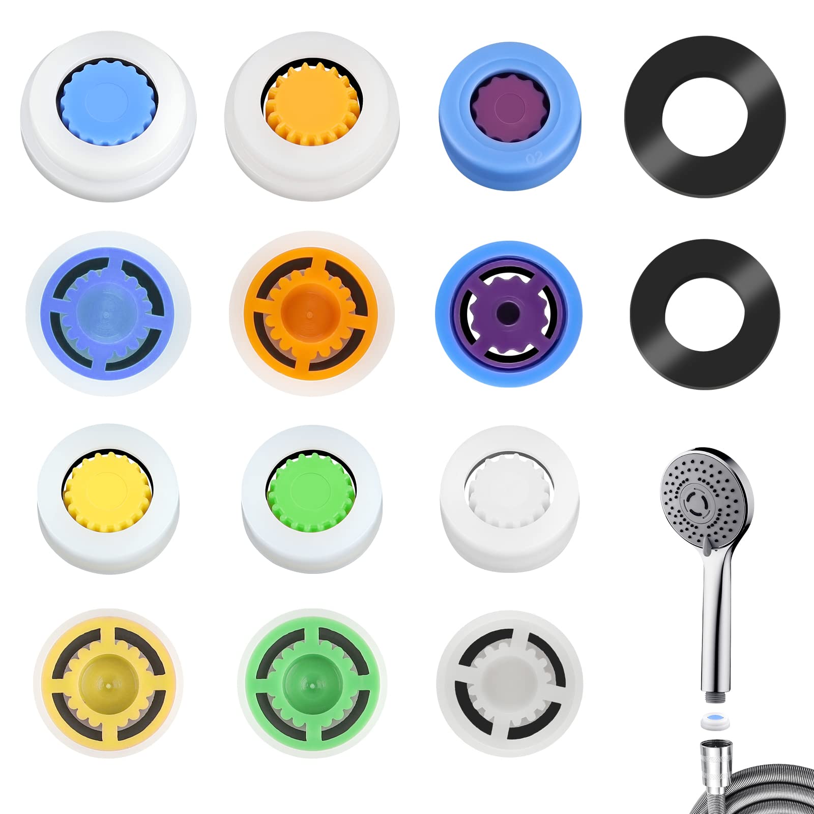AIEX 12 Pcs Water Flow Restrictor, Multiple Specification Shower Flow Reducer Limiter Regulator, 1.2/1.5/1.8/2.0/2.2/2.5 GPM Flow Restrictor for Shower Head Fixed Water Saving (15mm/16mm in Diameter)