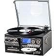 9 in 1 3-Speed Turntable Record Player with Bluetooth, AM/FM Radio, USB/SD/MMC Playback, CD/Cassette, Remote Control, Built-in Speakers, Ideal
