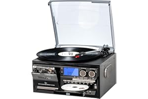 MUSITREND 9 in 1Retro 3-Speed Turntable with Bluetooth, AM/FM Radio, CD/Cassette Playback, USB/SD/MMC Playback, Remote Control, and Built-in Speakers Support Aux in/RCA Out