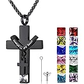YOUFENG Birthstones Urn Necklaces for Ashes Cross Cremation Pendant Urns for Human Ashes Memorial Keepsake Locket Jewelry