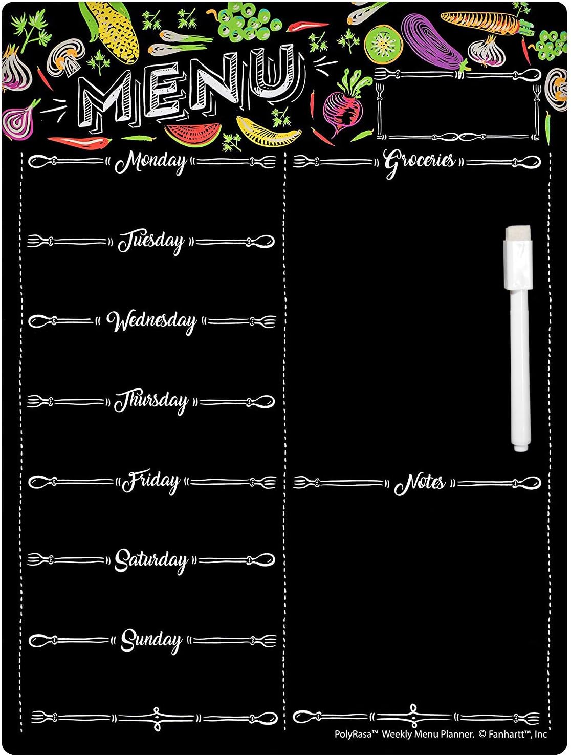 Polyrasa Write-On Dry Erase Meal Planner Refrigerator Magnetic Board | Organize Family Life with a Weekly Menu and Grocery List | Fridge Magnet with Notes for Reminders and Appointments with Marker
