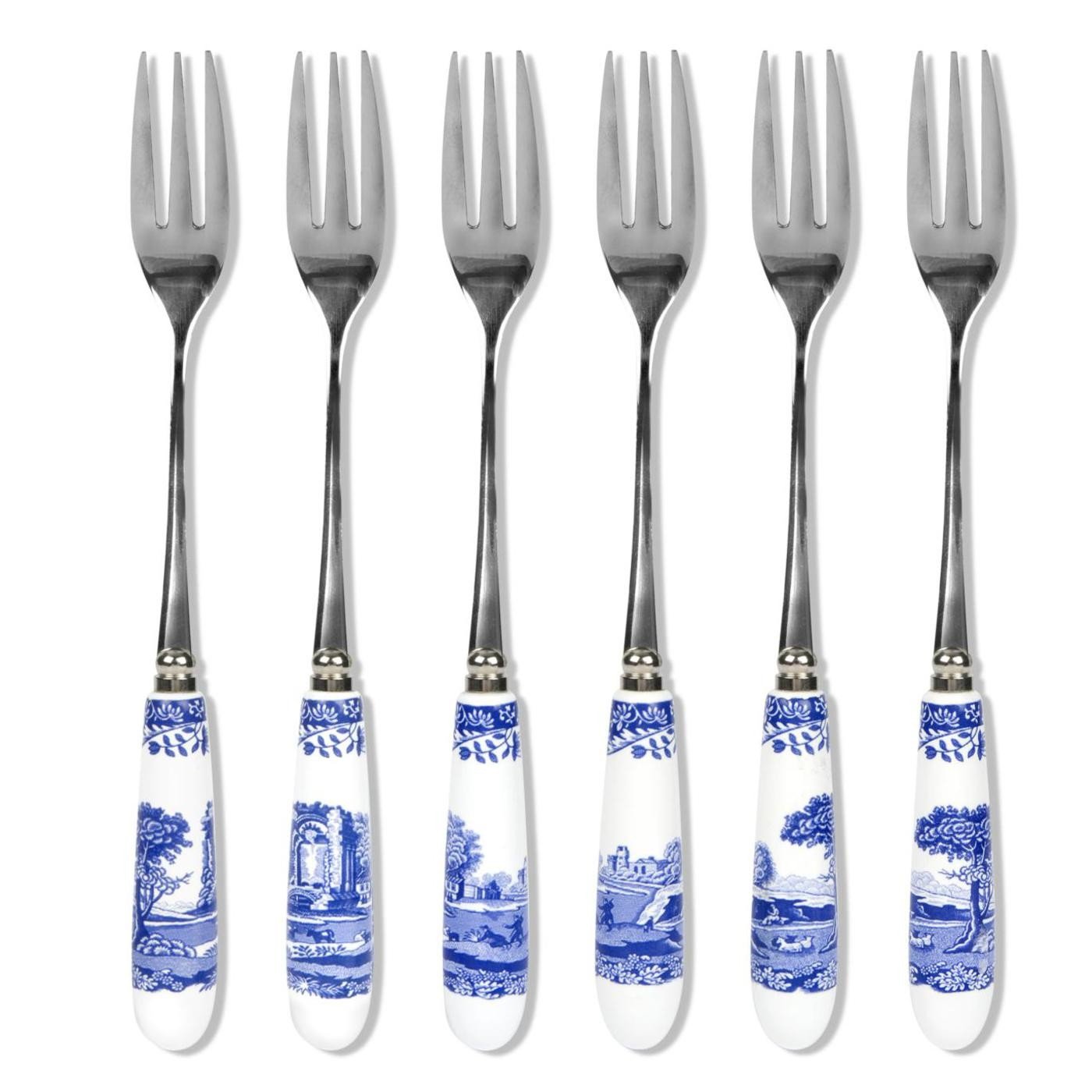 Spode x Blue Italian Set of 6 Pastry Forks - Stainless Steel with Porcelain Handles, Charming Designs, Durable and Suitable for Desserts or Everyday Use