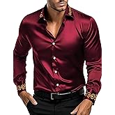 OYOZONE Men's Luxury Satin Dress Shirt Shiny Embroidery Silk Long Sleeve Button Up Shirts Prom Wedding Party Shirt