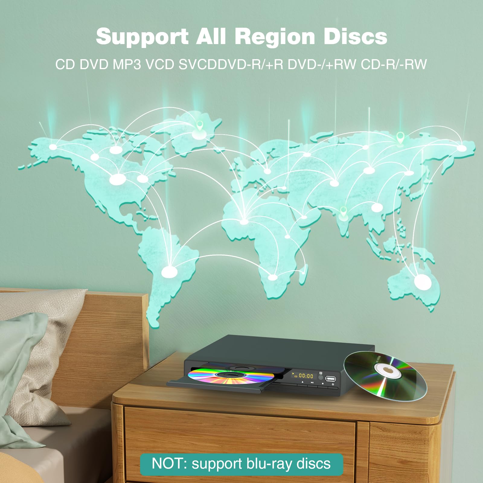 DVD Player, HDMI Region Free DVD Players for Smart TV, 1080P Upscaling, USB Input, HDMI/RCA Output Cable Included, Breakpoint Memory, Built-in PAL/NTSC, CD Players for Home