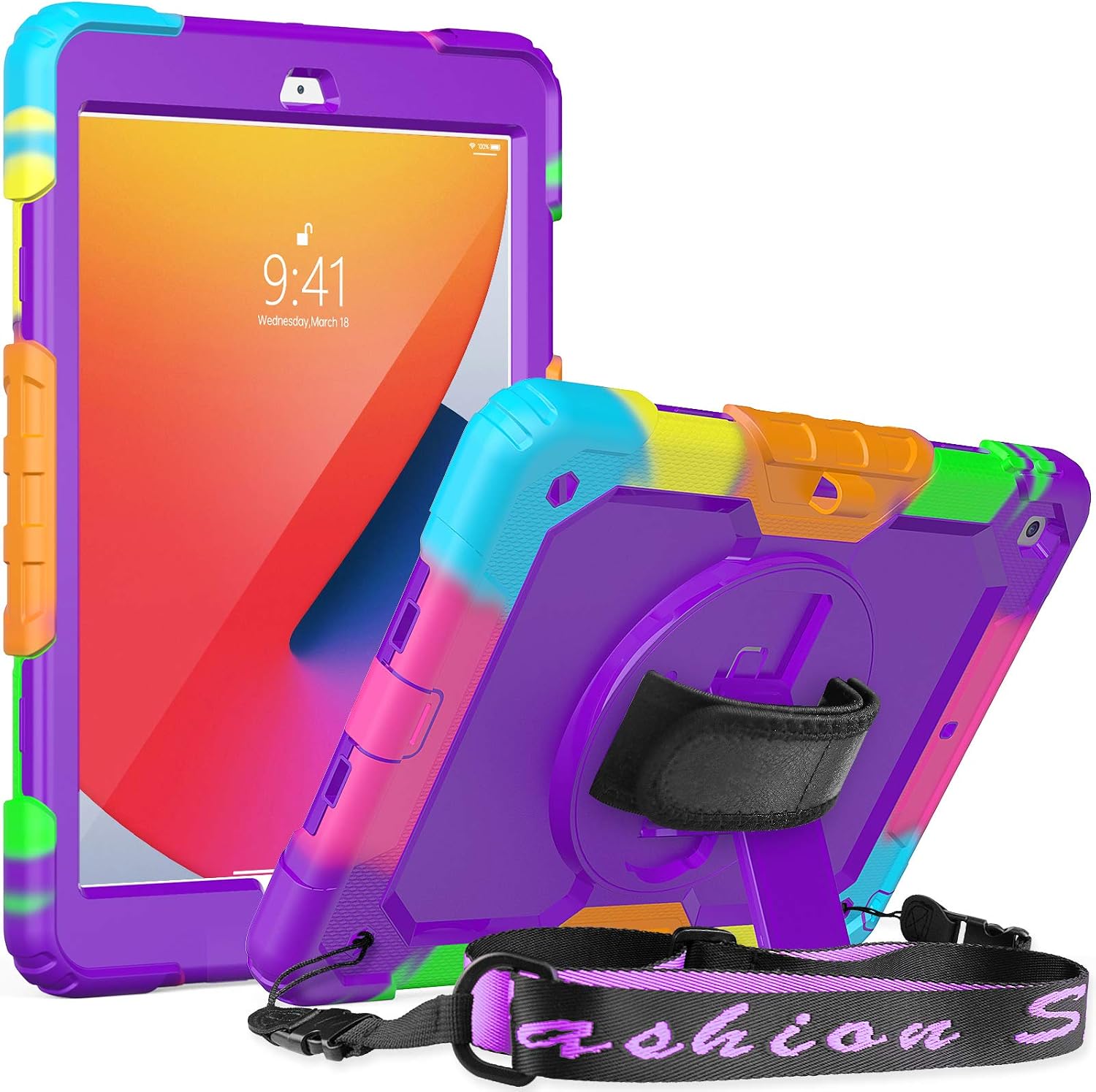 SEYMCY for iPad 9th/8th/7th Generation Case Kids 10.2 inch, Shockproof Sturdy with Rotating Hand Strap & Stand