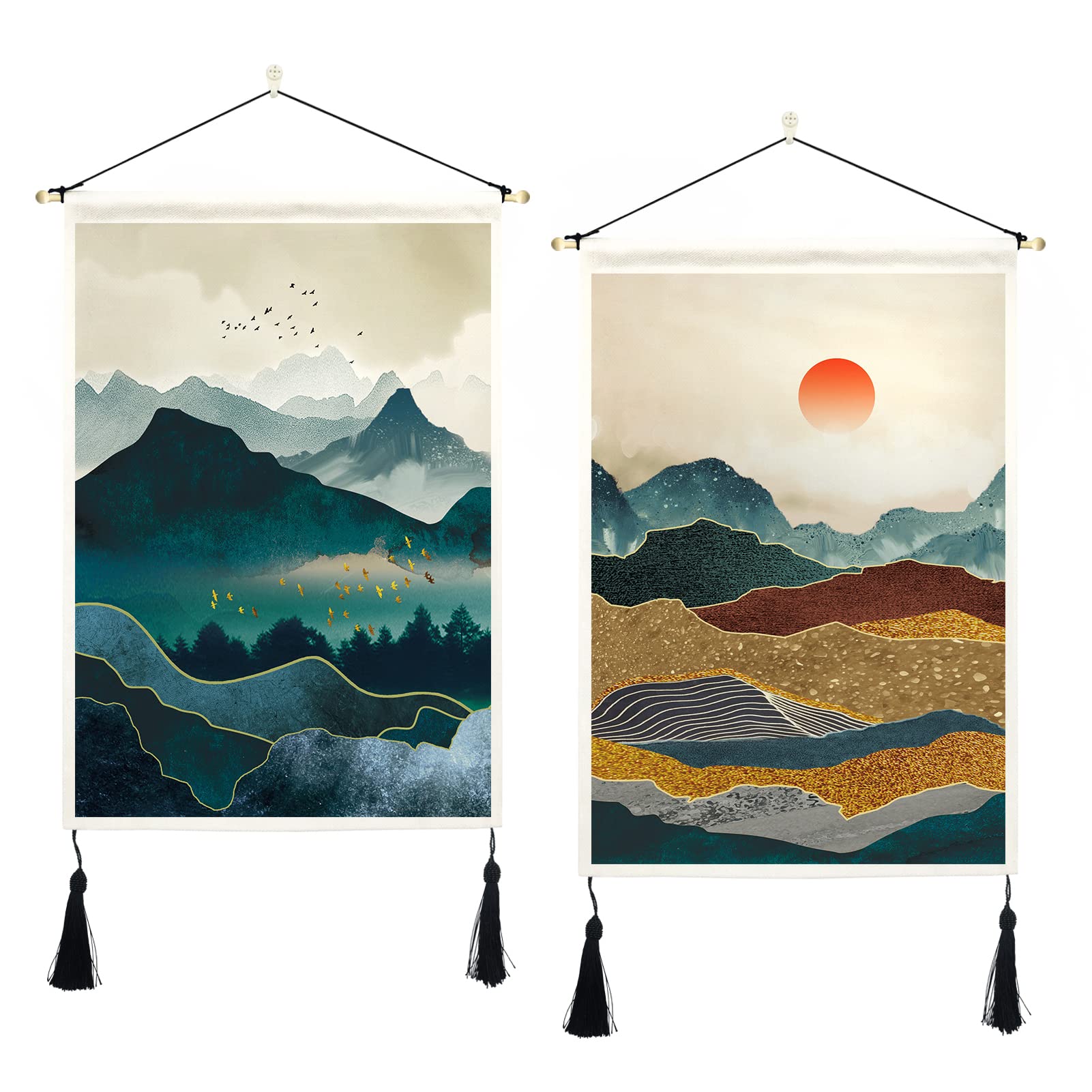ORTIGIA 2 Pack Japanese Mountain Tapestry Wall Hanging with Tassels Misty Forest Tapestries Wall Art Sun Nature Landscape Home Decor for Bedroom Aesthetic 14" W x 20" L (35cmx50cm)