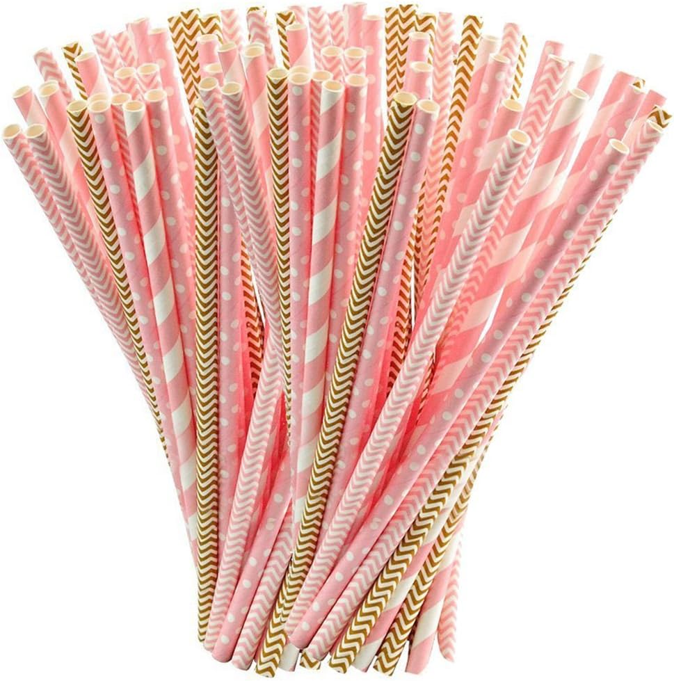 Rbenxia 100 PCS Drinking Straws Disposable Biodegradable Paper Straw for Birthday, Wedding, Baby Shower, Celebration and Halloween Christmas Party in Gold and Pink