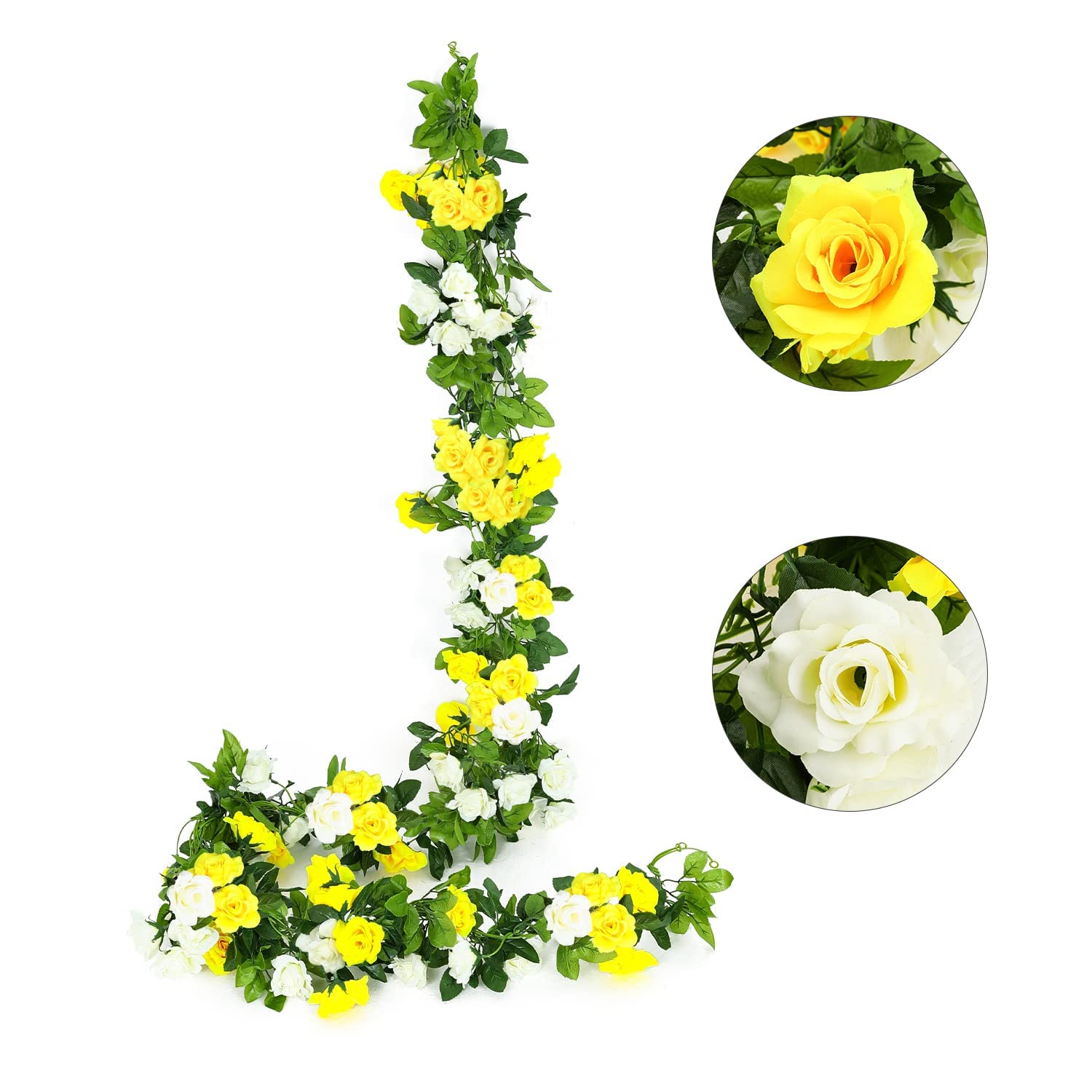 JUSTOYOU 2pcs 7.6FT Double Color Artificial Fake Rose Garland Vines Hanging Silk Flowers Artificial Flower for Outdoor Indoor Wedding Wall Badroom Decoration（Yellow, 13 Heads
