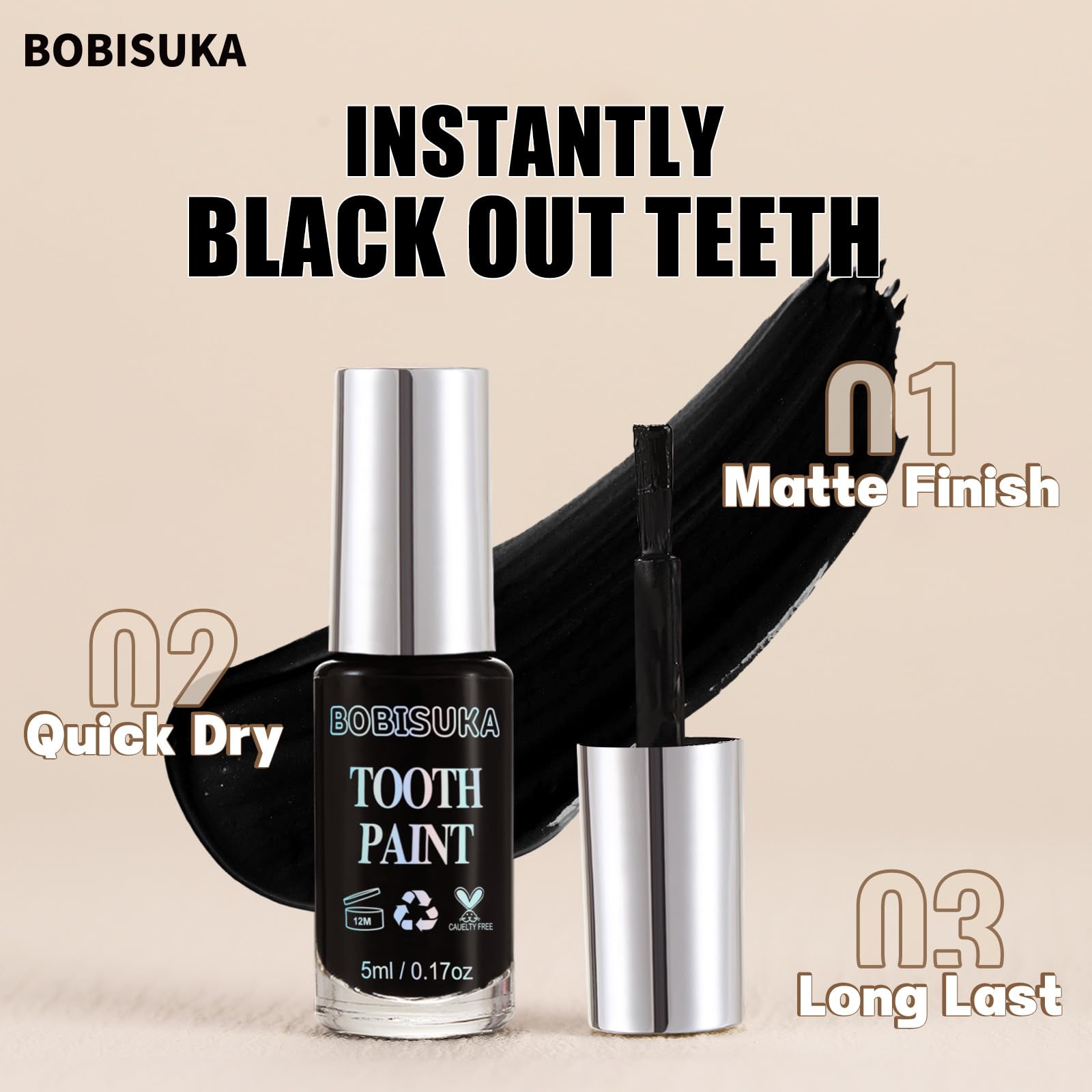 BOBISUKA Black Tooth Paint, Professional Black Out Teeth Makeup Solution - Safe, Quick Dry & Realistic, Perfect for Cosplay, Halloween Makeup, Theater, and Special Effects (5 ml)
