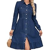 Estzc Women‘s Flowy Denim Dress A Line Ruffle Midi Jean Dresses Vacation Puff Long Sleeve Button Down Lapel Neck Casual Dress