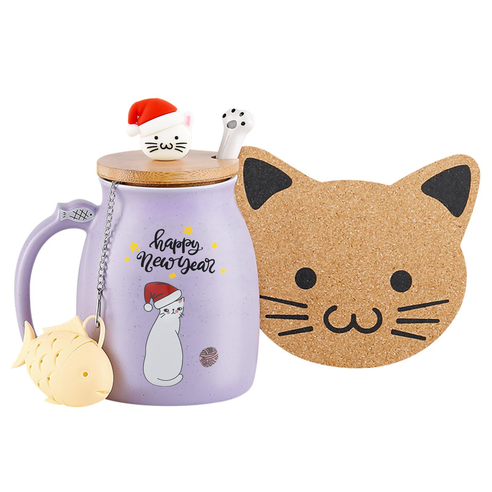 Cat Mug Christmas Mugs Cute Ceramic Coffee Cup with Lovely Kitty lid Stainless Steel Spoon Christmas Xmas Gifts for Women Presents Stocking Fillers Novelty Morning Cup Tea Milk 380ML — image 1