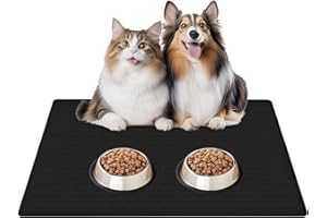 CINEZUN 32"x24" Large Silicone Pet Feeding Mat, Waterproof Non-Slip Dog and Cat Bowl Mat for Food & Water, Durable Floor Protector to Prevent Spills, Easy to Clean, Black