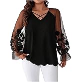 SOLY HUX Women's Plus Size Floral Mesh Long Sleeve Business Casual Blouse V Neck Work Office Shirt Top