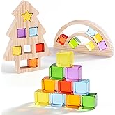 Woodtoe Wooden Building Blocks Set for Kids, Rainbow &amp; Tree Wood Frame - 24 PCS Acrylic Gem Cubes Stacking Blocks, Montessori Stacking Toys, Educational Birthday Toys Gift for Toddlers 3-6