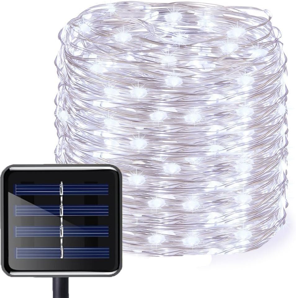 Aluvee Solar String Silver Wire Light,50ft/150LED Outdoor Garden Decoration Silver Wire Christmas Lamp for Wedding Party Tree Xmas Decoration Tree Xmas (White)