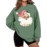 LETSEE Christmas Sweatshirts for Women Santa Claus Graphic Crewneck Oversized Fleece Pullover Xmas Holiday Top