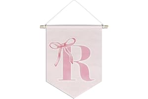 foedor initial Personalized Preppy Canvas Hanging Pennant Flag Banner, Coquette Pink Bow Teen Girl Gifts,Trendy Cute Monogrammed Gifts Wall Decor for Women Teen Girl Nursery bedroom(R)