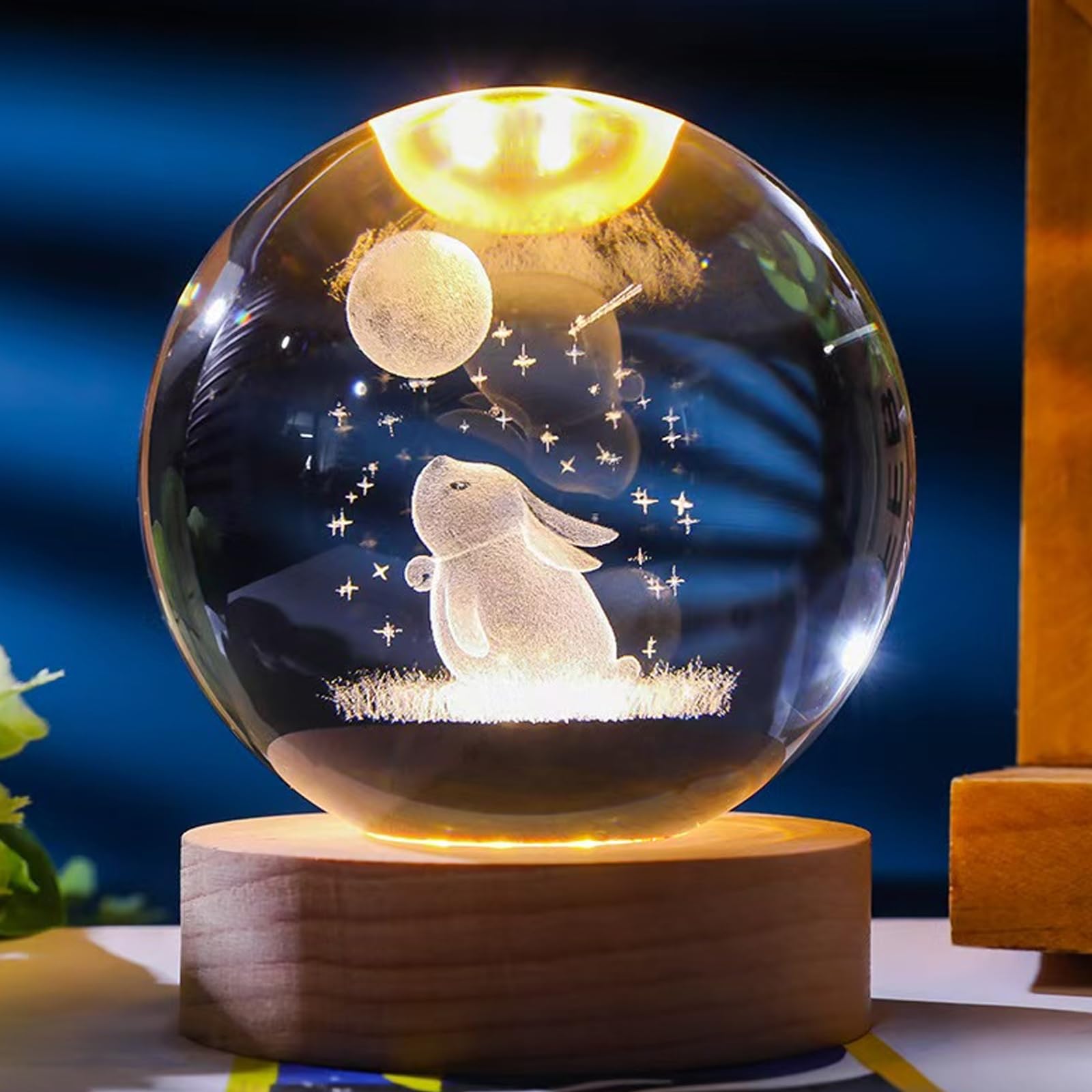 6cm 3D Rabbit Crystal Ball Lights-3 Color LED Animal Glass Ball Plug-in Night Light with Control LED Wooden Base,3D Engraved Crystal Ball Light Decor, Gift for Kids Friends & Family(Rabbit)
