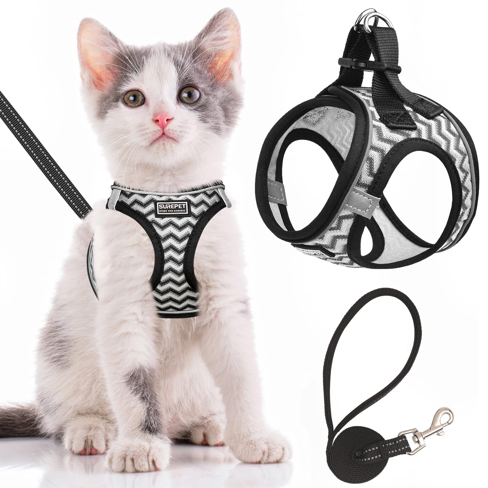 Cat Harness and Lead Escape Proof,Adjustable Soft Mesh Kitten Vest Harness for Walking Reflective Pet Vest for Cat