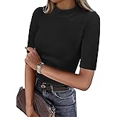 ANRABESS Womens Tops Mock Neck Half Sleeve Shirts Ribbed Knit Slim Fit Basic Tee 2026 Summer Fall Dressy Casual T-Shirts